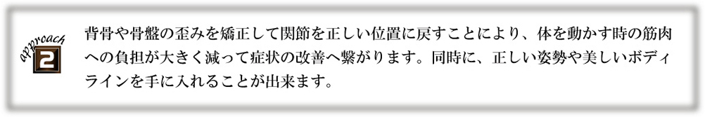背骨や骨盤のゆがみを矯正して関節を正しい位置に戻すことにより、体を動かす時の筋肉への負担が大きく減って症状の改善へ繋がります。同時に、正しい姿勢や美しいボディラインを手に入れることが出来ます。