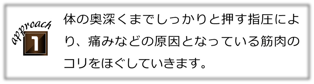 体の奥深くまでしっかりと押す指圧により、痛みなどの原因となっている筋肉のコリをほぐしていきます。